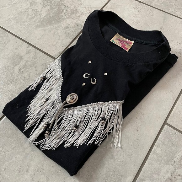 Vintage 80s 90s Hazelwood Southwestern Fashion Fringe Womens T-Shirt Size L - Picture 9 of 9